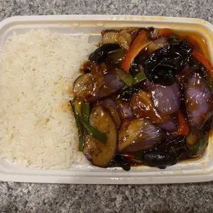 Eggplant in Garlic Sauce on Rice Platter