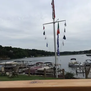 a view of a dock with several boats