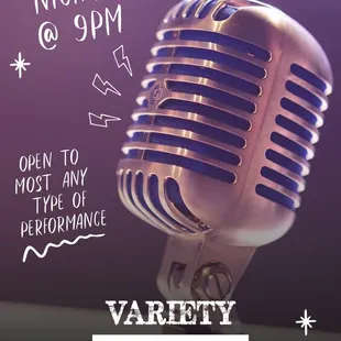 a microphone with the words variety open mic