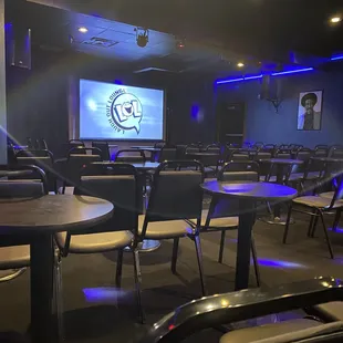 a large screen in the middle of the room