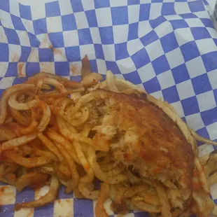 Crab cake and curly fries