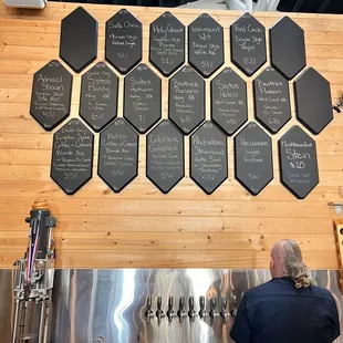 a man standing in front of a wall of beer taps