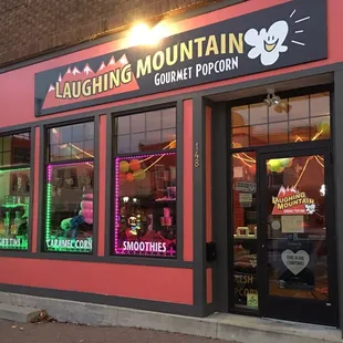 The outside of our store on a beautiful fall evening.