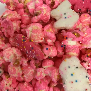 Perfect for baby showers, Party Animal is chocolate covered popcorn with those Circus Animal Cookies you loved as a kid. In blue too!