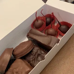 A selection of milk &amp; dark covered candies, plus amaretto cherry fudge mmmm