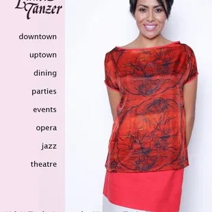 Downtown Tucson, Uptown, Dining, Parties, Events, Opera, Jazz, Theatre. Silk top with digital print paired with linen dress.