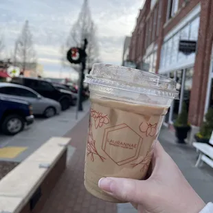 Iced mocha with oak milk.