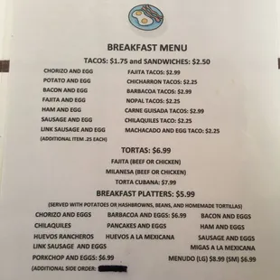 Breakfast menu