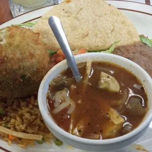 Fried fajita stuffed avacado, tortilla soup, taco, rice and beans......yummmmmm