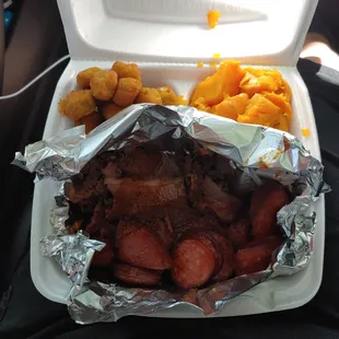 Brisket, sausage, fried okra, and sweet potato