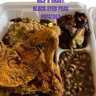 Fried Chicken  Breast, Rice  &amp; Gravy, Black-eyed Peas and Smothered Potatoes