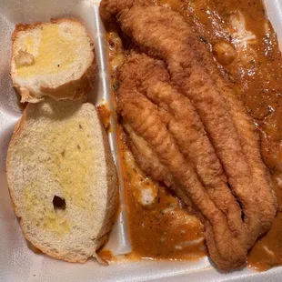Shrimp &amp; grits with fried catfish and french bread YUMMY
