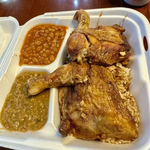 Baked chicken with seafood okra and baked beans