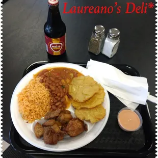 Yellow Rice, Beans, Breadfruit Plantains, and