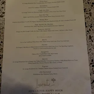 Menu, happy hour Monday-Saturday 4-6pm