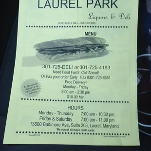 Menu cover w/ hours, phone number, address