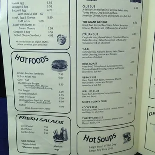 Menu pg 1...breakfast, hot sandwiches, salads, specials, soups...