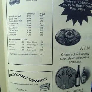 Menu pg 2: cold sandwiches, desserts