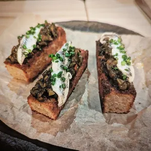 two pieces of toasted bread topped with cheese and green onions