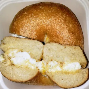 Egg whites and cheese on a plain bagel