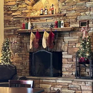 Dining room ambiance with fire place decorations.