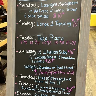 Daily special menu