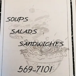 a menu for soups, salads and sandwiches