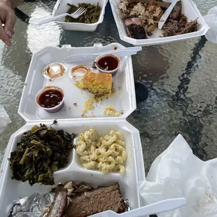 4 meat combo with collard greens, Mac and cheese and green beans