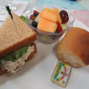half a chicken salad sammy, cup of fruit and a roll