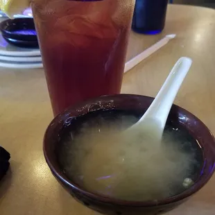 Miso Soup: Traditional Japanese soy bean soup with tofu, seaweed, scallions and mushrooms.