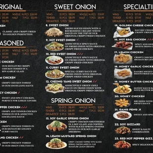 Korean fried chicken menu