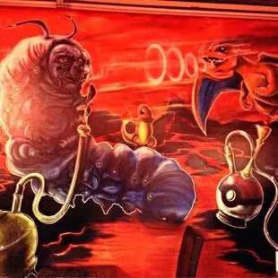 a painting of a man and a woman on a lava hookah lounge