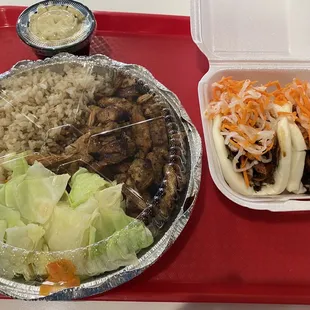 BBQ chicken with brown rice and steamed vegetables + bao buns