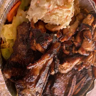 Two meat combo (chicken and Kalbi) with macaroni salad, white rice, and steamed vegetables
