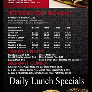 the menu for the daily lunch specials