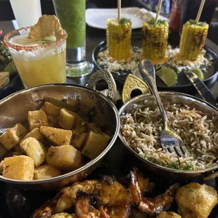 a plate of food and drinks