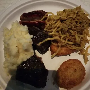 Mash potatoes, nuggets, braise ribs, garlic noodles, BBQ chicken