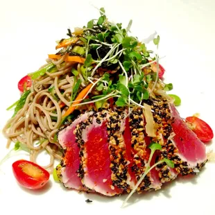 Cold soba noodles, Japanese seaweed, edamame, black sesame crusted seared ahi tuna. Absolutely delicious! Totally unexpected.