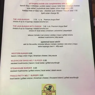a menu for a special burger