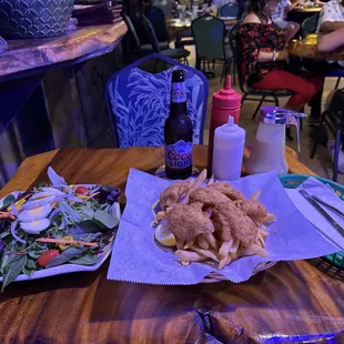Fish &amp; Chips ($18.00); Garden Salad ($16.00); 2x Coors Light ($11.00); tax $2.12 = $47.12 before gratuity