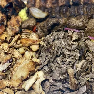 Combo Platter: chicken shawarma, spicy chicken kefta, lamb and beef kefta, lamb kabob, chicken kabob, lamb &amp; beef shawarma