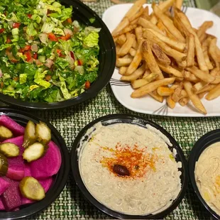 Fatoush Salad, French fries, Hummus, Baba Ghanoush, Side Pickles