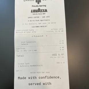 a receipt for a coffee shop