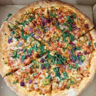 Desi Thai Chili Pizza (has a kick)!