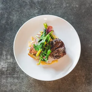 Filet Mignon with Duck Fat Potato Galette, Asparagus, and Spinach