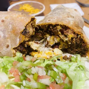 Egg and chorizo burrito with pancakes inside