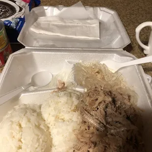 Kalua pig and chicken long rice but not even a full side of chicken long rice. Literally what you see is what I got.