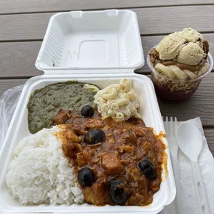 Pastele stew and squid luau mix plate