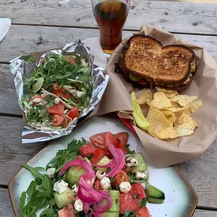 Watermelon cucumber arugula salad, avocado melt, chef choice taco. BEER