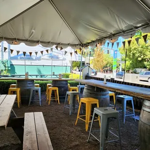 tables and chairs under a tent